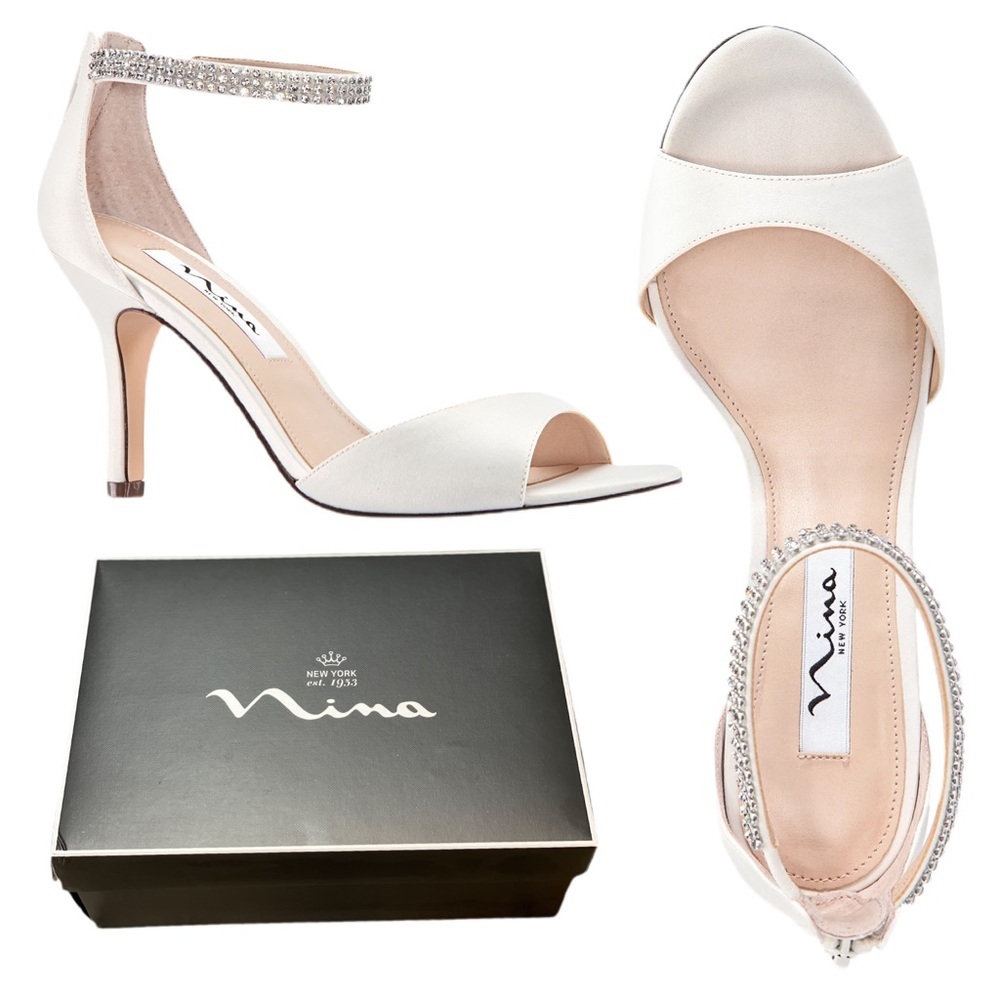 Nina Volanda Ivory Satin Crystal Ankle Strap Dress Sandals Size 9.5M New in Box - Picture 2 of 15